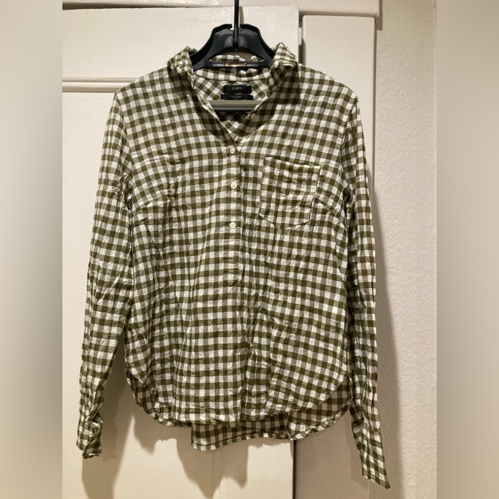 NWT J.Crew Olive Green and White Gingham Button-Down Shirt